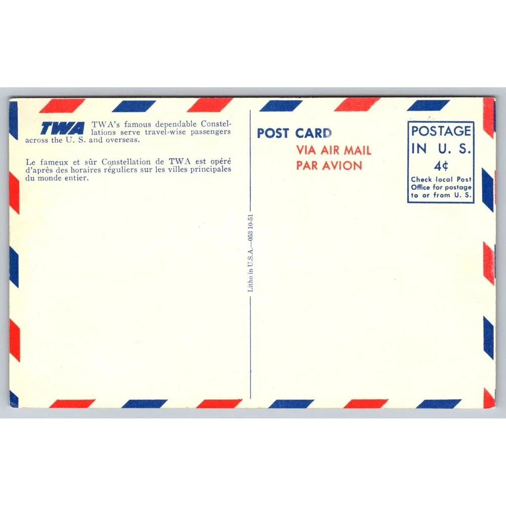 Vintage TWA Trans World Airlines Lockheen Constellation Airplane Postcard 1951